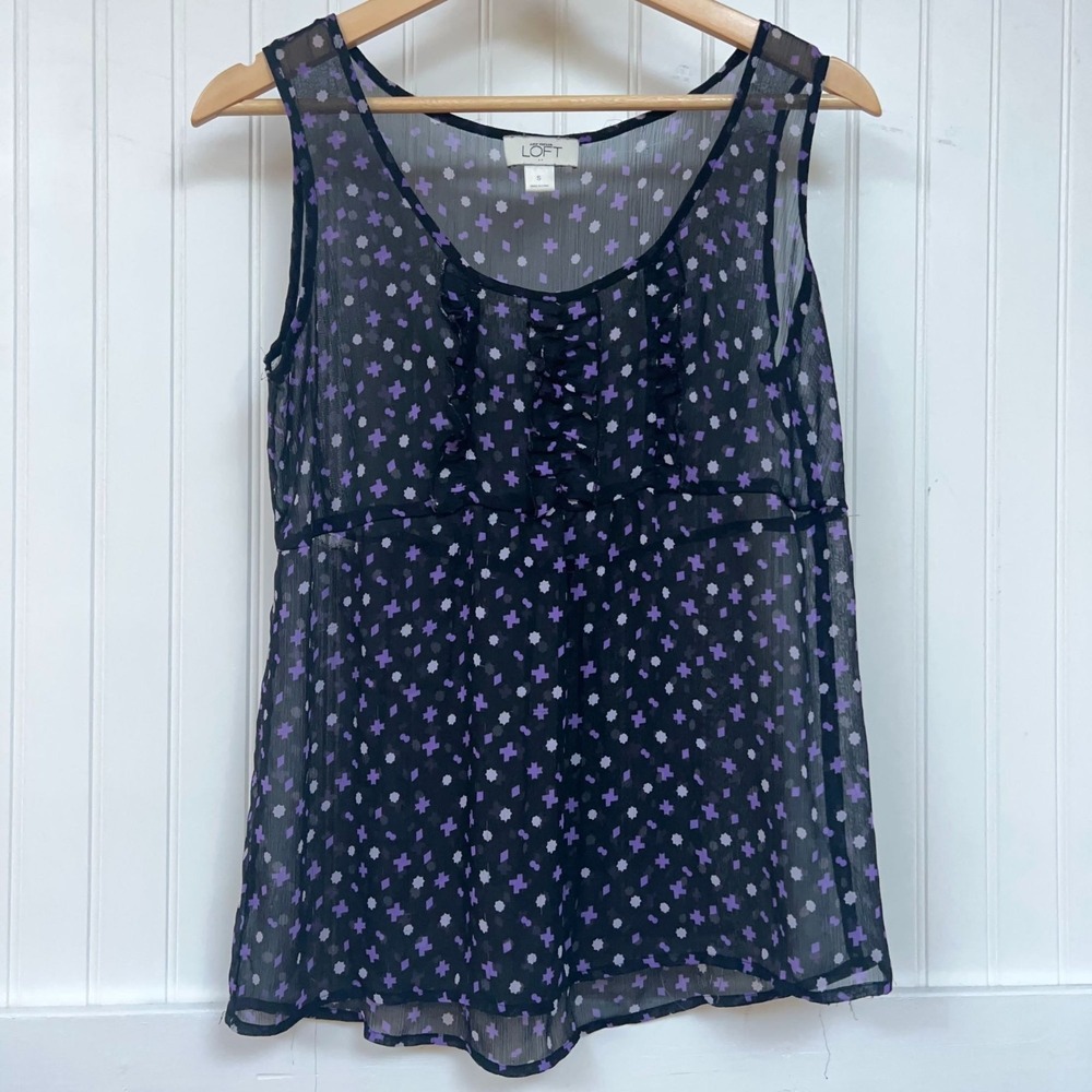 LOFT Black Sheer Tank Top Whimsigoth Fairy Festival Polka Dot Cross Ruffle S